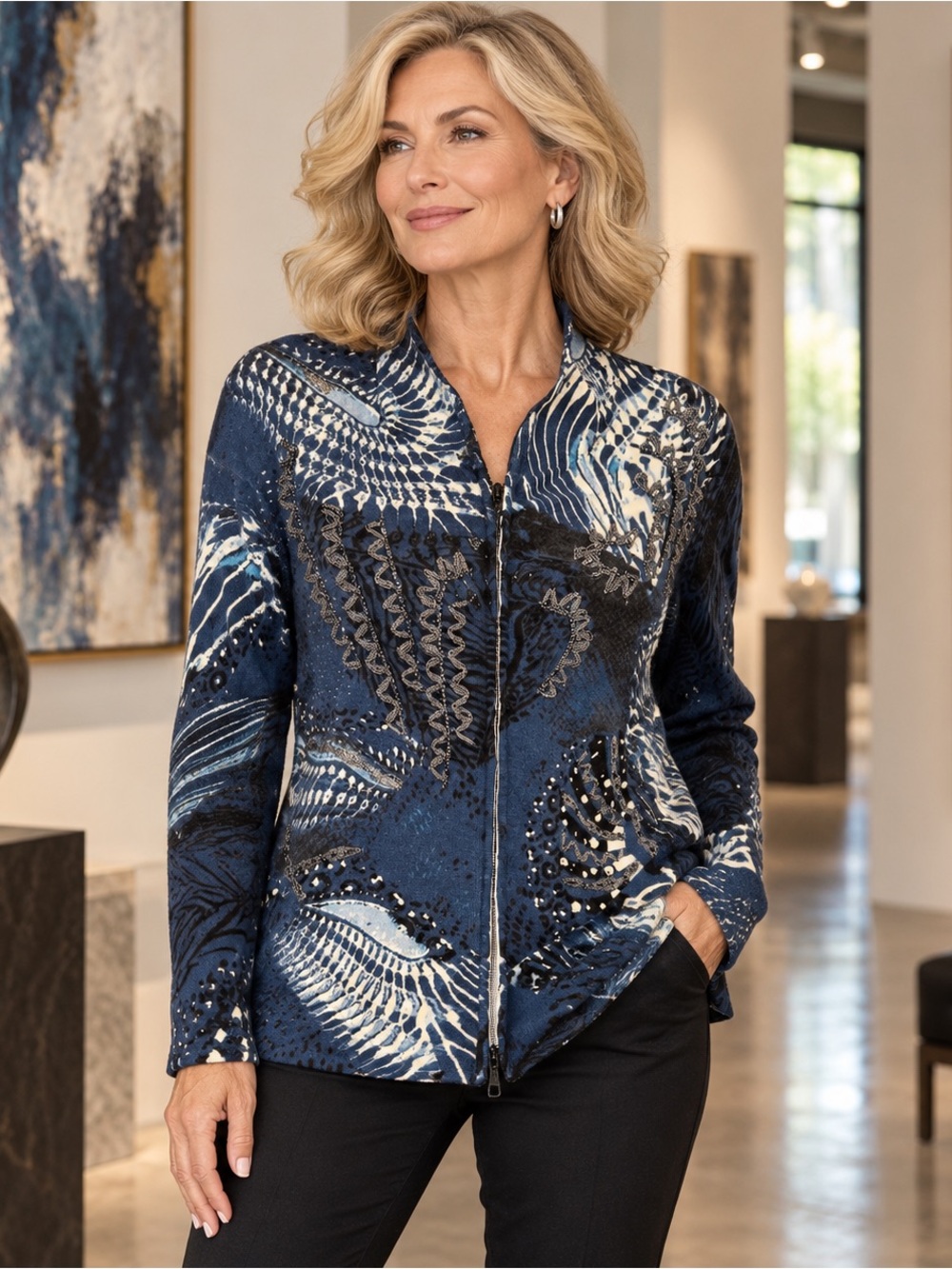 Alberto Makali Blue Abstract Beaded Zip Cardigan Jacket Women’s L